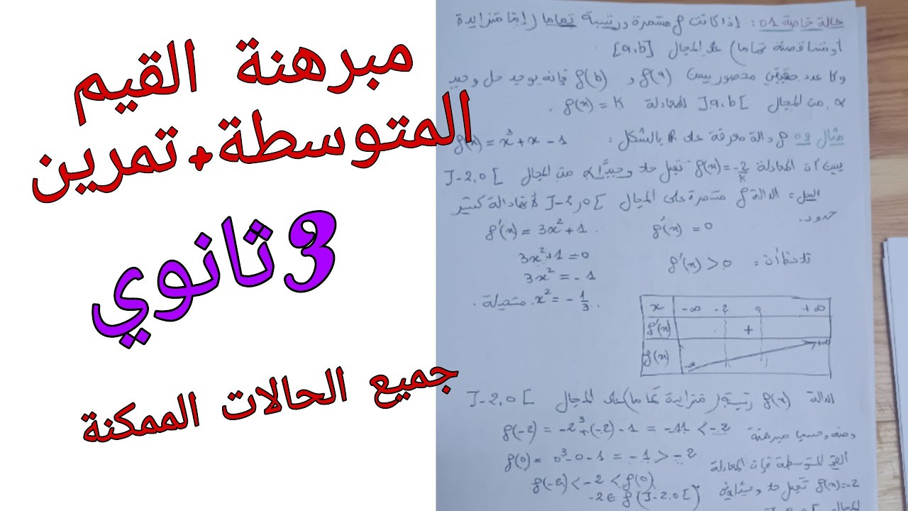 مبرهنة القيم المتوسطة+تمرين (جميع الحالات) رياضيات للسنة الثالثة ثانوي جميع الشعب باكالوريا
