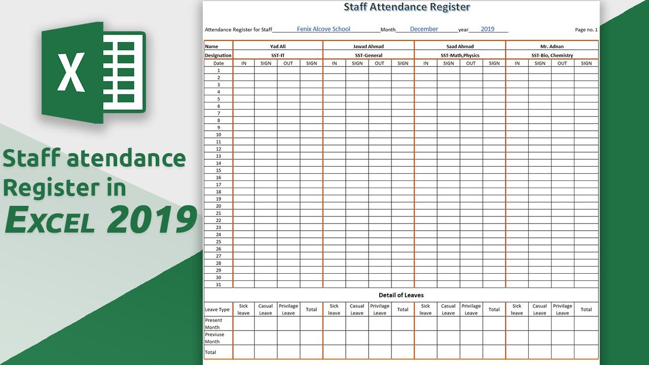 How To Create Staff Attendance Register Sheet In Ms Excel 2019 Youtube