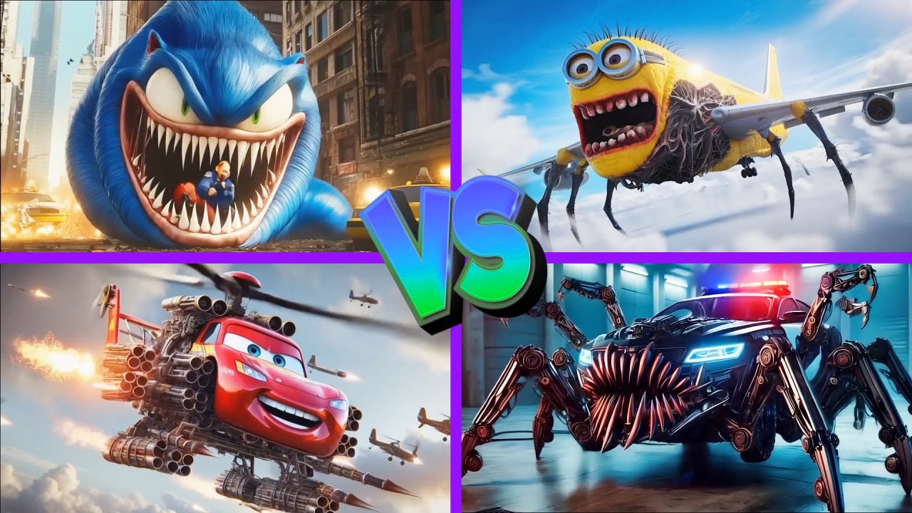 Police Car Monster🆚Minion Infected Sky🆚Sonic Worm🆚McQueen Helicopter - Tiles Hop EDM Rush 🎶