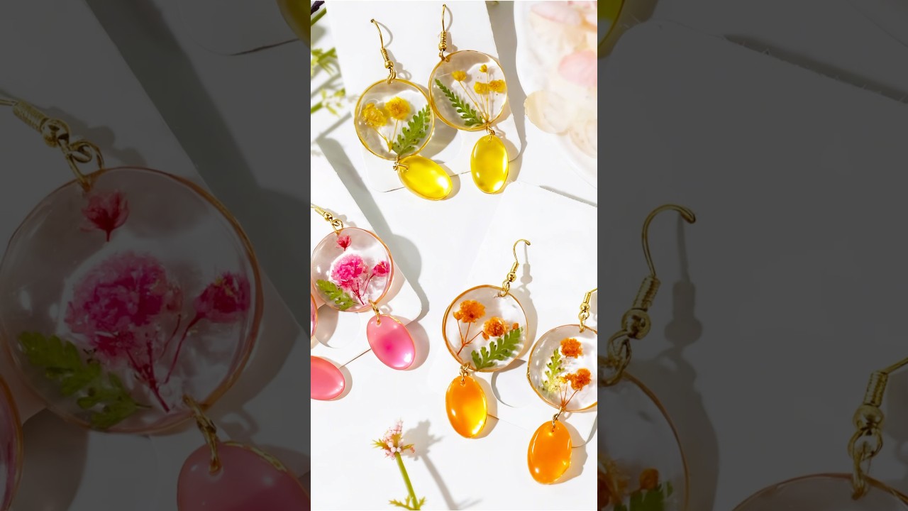 Earrings made from natural dried flowers and UV resin. 