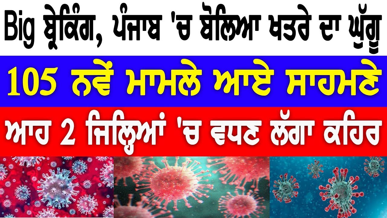 Big Breaking-ਪੰਜਾਬ `ਚ ਬੋਲਿਆ ਖਤਰੇ ਦਾ ਘੁੱਗੂ,105 ਨਵੇਂ ਮਾਮਲੇ ਆਏ ਸਾਹਮਣੇ,ਆਹ 2 ਜਿਲ੍ਹਿਆਂ `ਚ ਵਧਣ ਲੱਗਾ ਕਹਿਰ