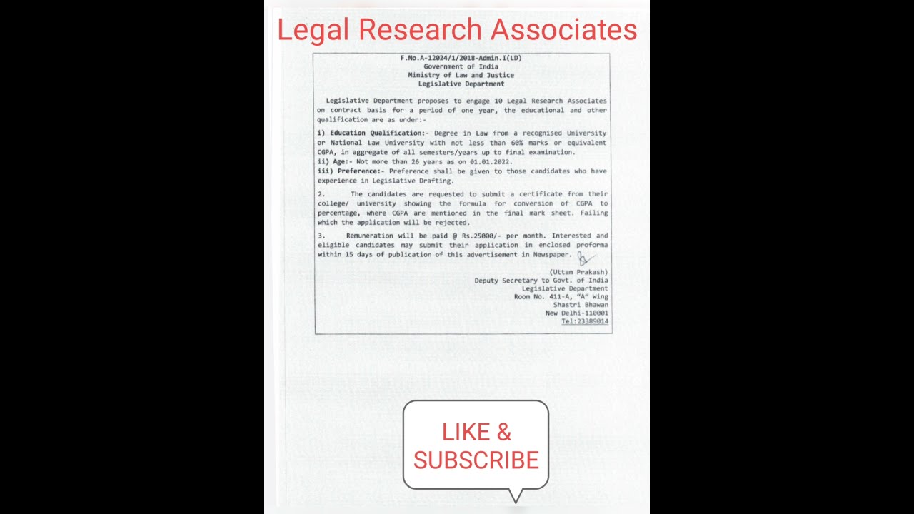 Legal Research Associates in Legislative Department || Government of India || Legal Jobs || 