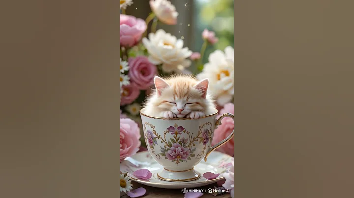Watch the video about A beautiful tiny kitten sleeping inside a teacup with flowers around it😍| #youtubeshorts#aicats