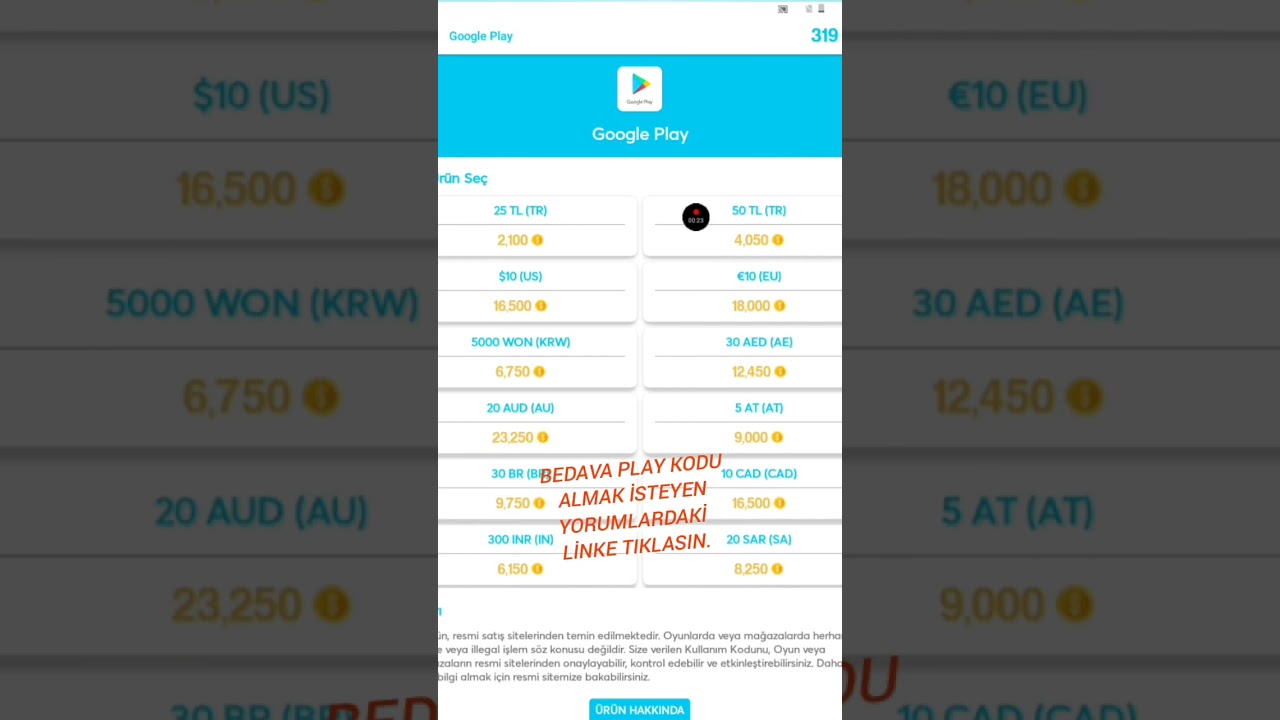 Bedava Google play kodu.