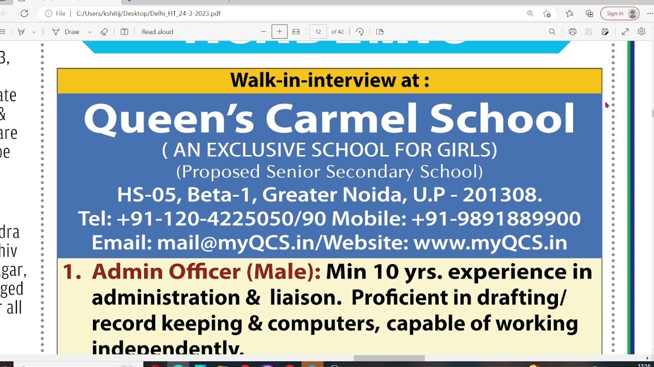 QUEENS CARMEL SCHOOL TEACHING JOB IN GREATER NOIDA DELHI NCR JOB
