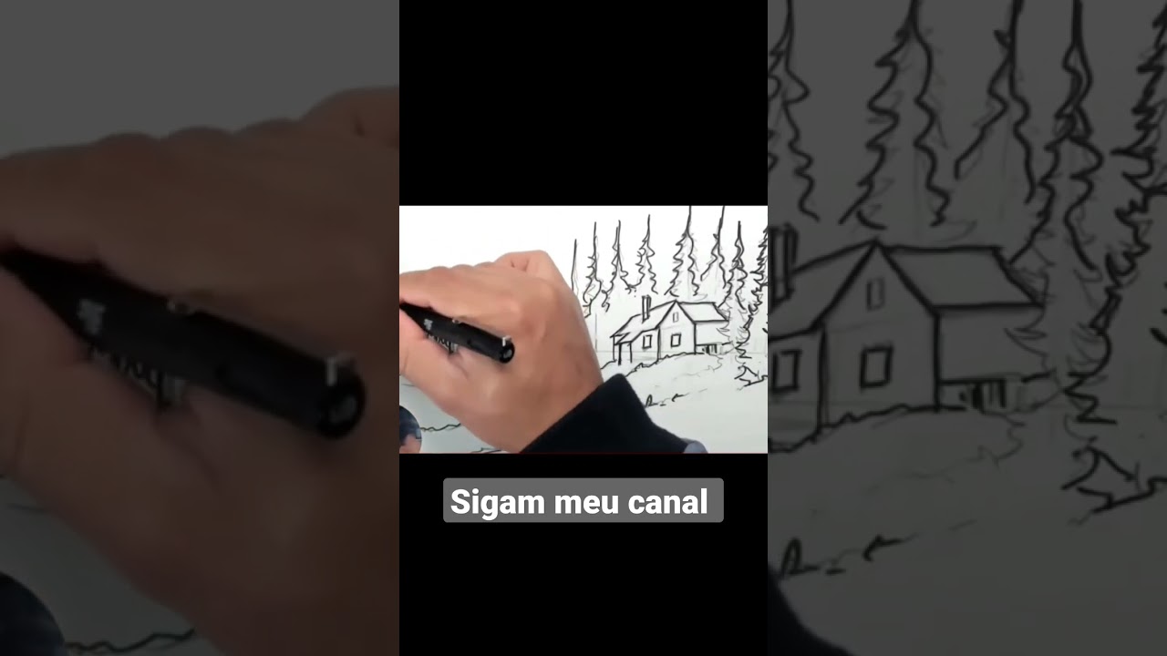 How to draw landscape in pencil little house pine lake vegetation and mountains in the field