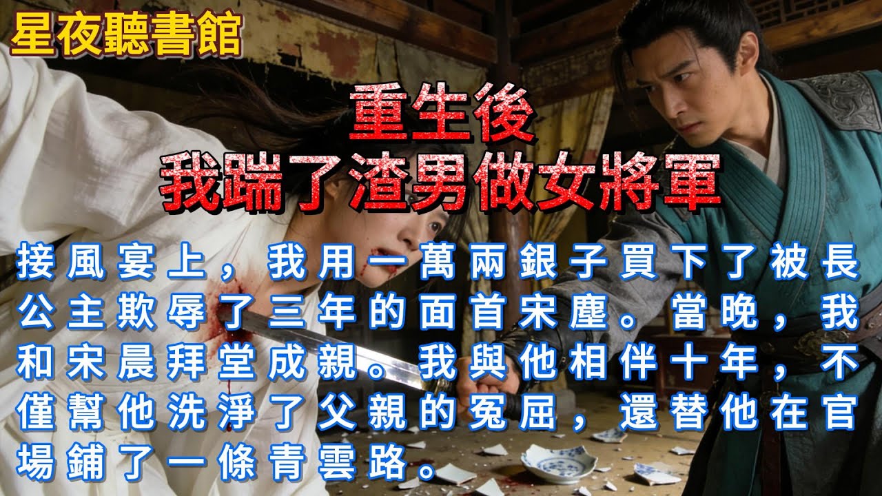 《重生後我踹了渣男做女將軍》接風宴上，我用一萬兩銀子買下了被長公主欺辱了三年的面首宋塵。當晚，我和宋晨拜堂成親。我與他相伴十年，不僅幫他洗淨了父親的冤屈，還替他在官場鋪了一條青雲路。#一口氣看完