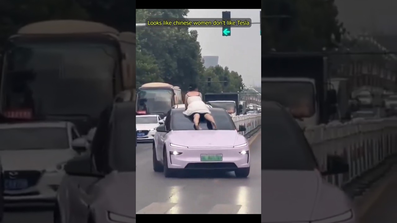 Tesla VS chinese women fight 😂😁 funny car attack, TRY NOT TO LAUGH, shorts