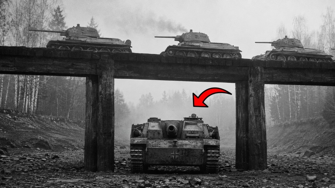20 T-34 rollten über die alte Holzbrücke — der StuG wartete darunter im Flussbett