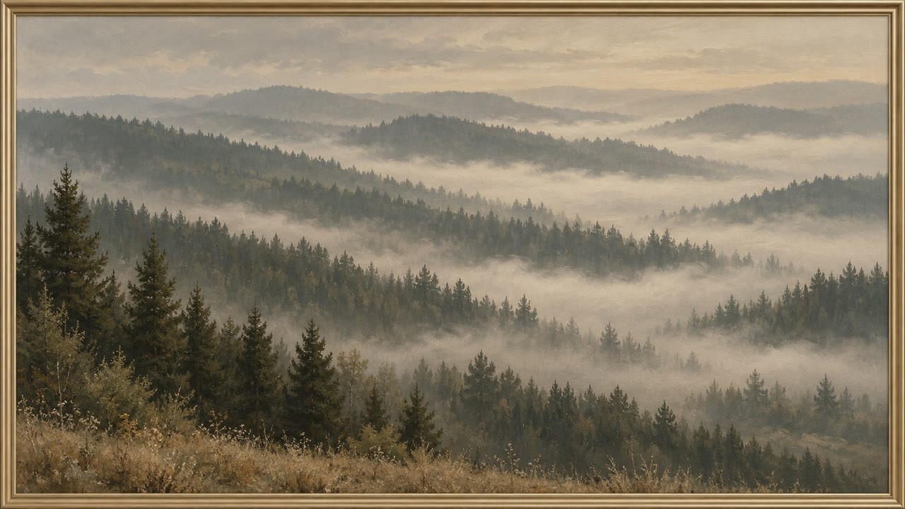 Vintage Foggy Forest Hills | Gold Frame TV Art | 2 Hours No Music