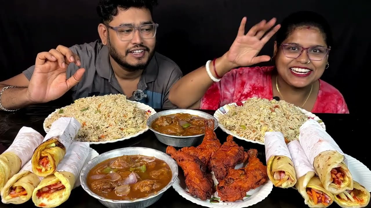 chicken leg fry eggroll fried rice chilli chicken eating challenge