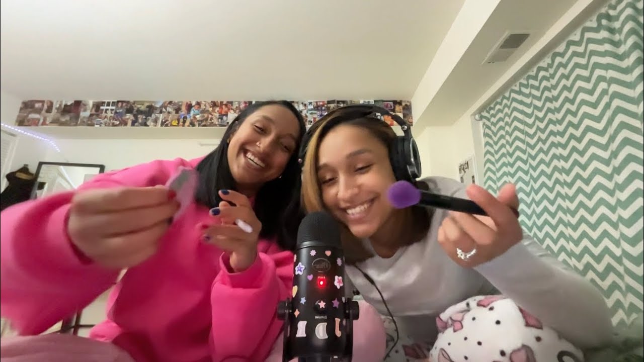 ASMR with my twin sister, glass textured triggers , mic rubbing/brushing + rant