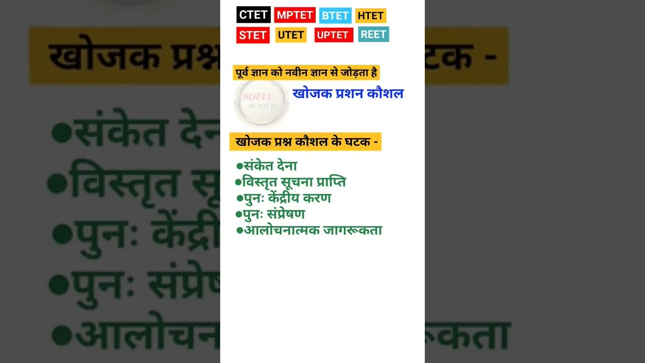 खोजक प्रशन कौशल/teaching method stet/बाल विकास  शिक्षाशास्त्र/CDP UPTET  CTET BTET REET MPTET UTET