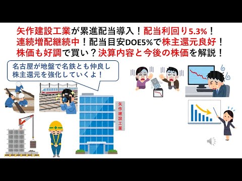 矢作建設工業が累進配当導入！配当利回り5.3%！連続増配継続中！配当目安DOE5%で株主還元良好！株価も好調で買い？決算内容と今後の株価を解説！