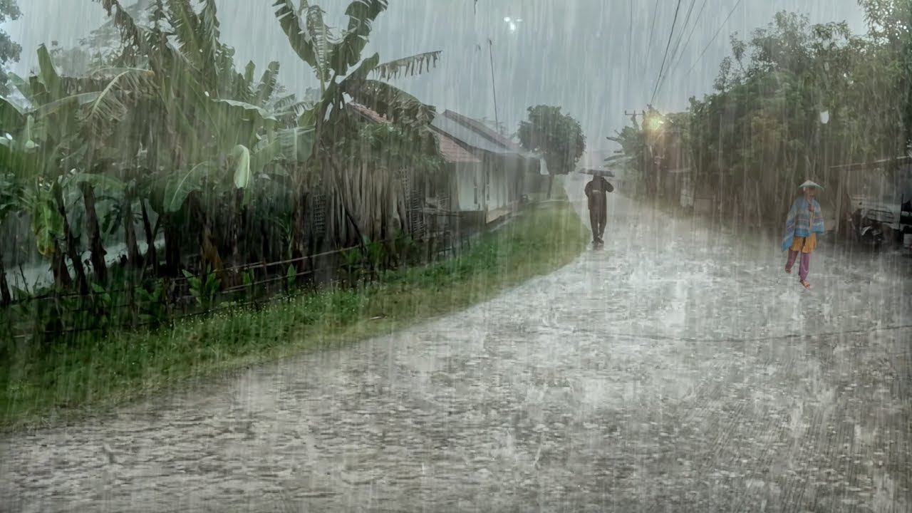 Heavy Rain Walk in Silent Village with Powerful Wind and Rolling Thunder for Deep Sleep ASMR 4K Vid