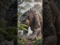 mysterious prehistoric creature from 20 million years ago standing in an ancient jungle,