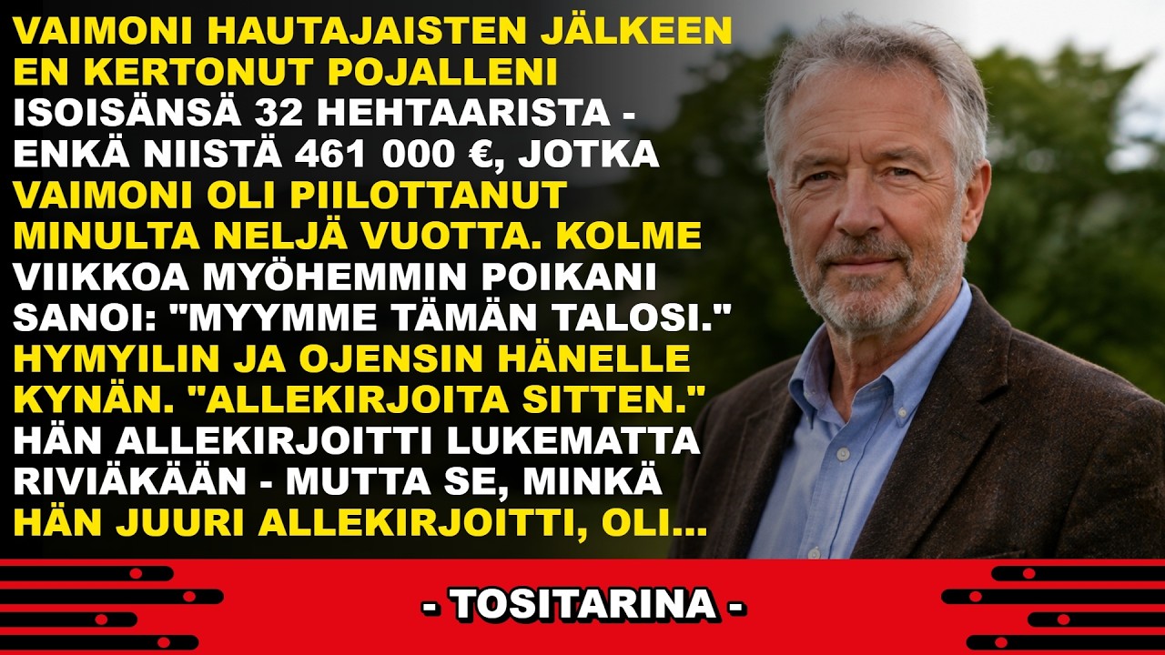Heräsin siihen, että poikani seisoi keittiössäni ja työnsi eteeni paperin, jossa luki 391 260 euroa. "Isä, tätä minä teen työkseni", hän sanoi ja osoitti allekirjoitusviivaa. Minä olin juuri...