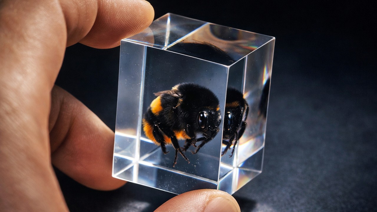 Bumblebee Preserved in a Transparent Epoxy Resin Cube / Resin Art