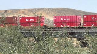 WBD Union Pacific K Line stack train crosses Green River in namesake Wyoming town 7/22/14 00013