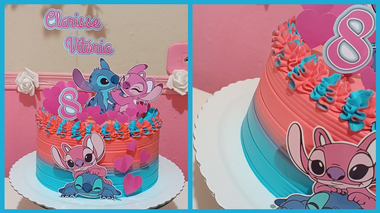 Bolo stitch e Angel | Redondo | 2 kg | Topper | 8 anos | Chantilly rosa e azul | Mousse de chocolate