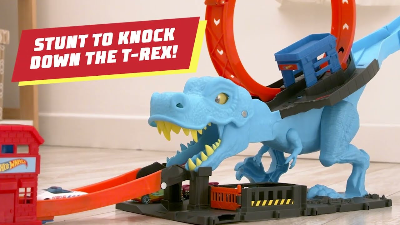 Hot Wheels City Track Set with 1 Toy Car, Race Through A Giant Loop to  Defeat A Big Dinosaur, T-Rex Loop Stunt and Race Playset