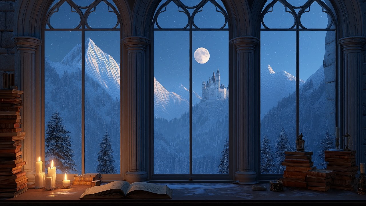 Medieval Castle Winter Window View ❄ Calm Snowfall Sounds for Sleep, Study & Focus