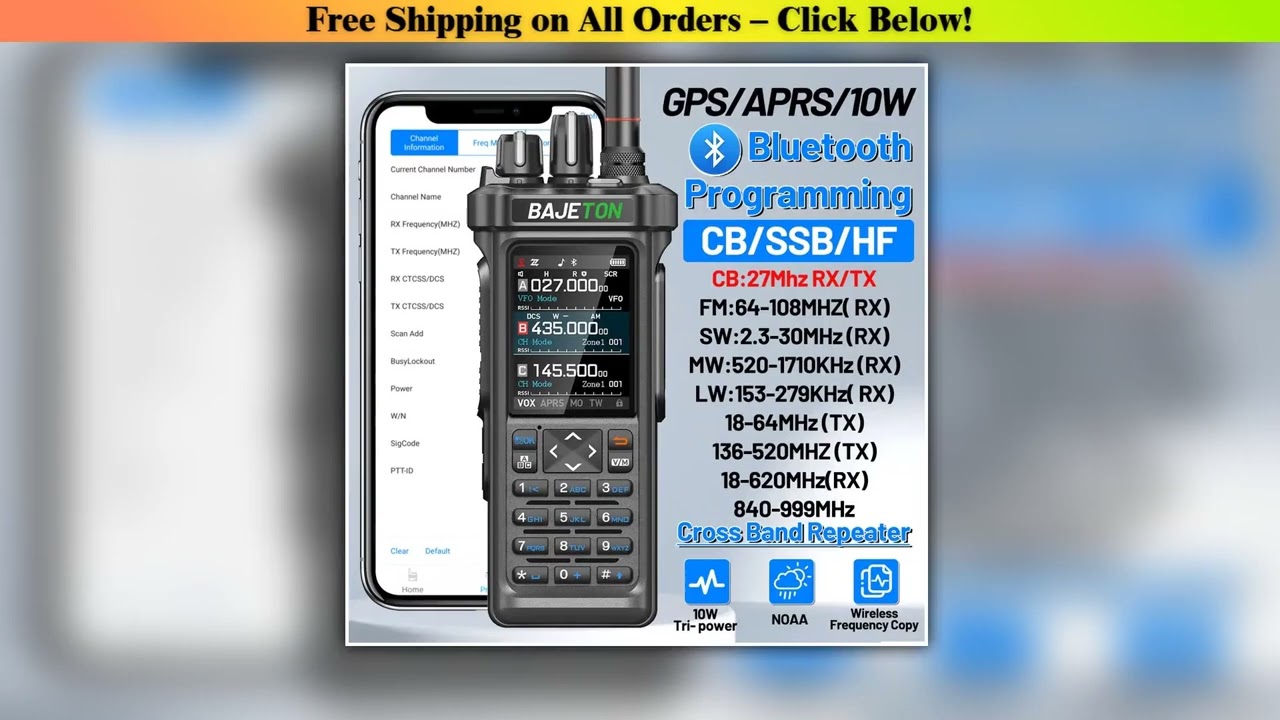 BAJETON BJ-9000 GPS APRS Walkie Talkie 10W CB 27Mhz CB/SSB/HF Bluetooth Programming NOAA ShortWave