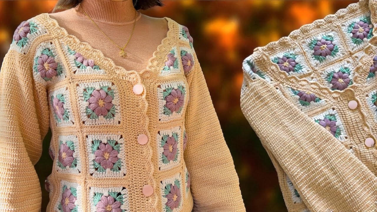 آموزش حرفه‌ای قلاب بافی ژاکت گلدار | اتصال موتیف و بافت آستین ساده