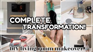 COMPLETE LIVING ROOM TRANSFORMATION! DIY Living Room Makeover 2023 / how to build shiplap fireplace