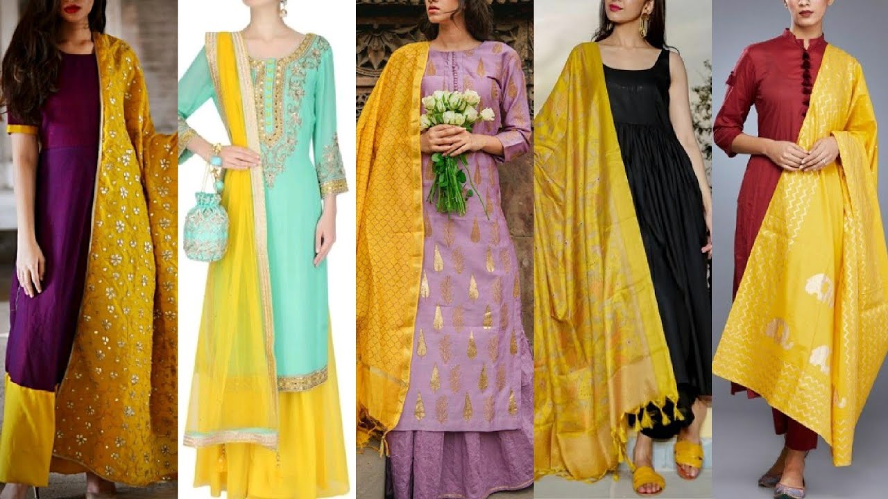 Lemon yellow flared aari work kurta and pants with sea green bandhej dupatta  - set pf three by Suramya | The Secret Label