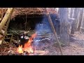 Solo Camping under a Tree Root - Stone Fire, Raised Bed, Cooking Tripod