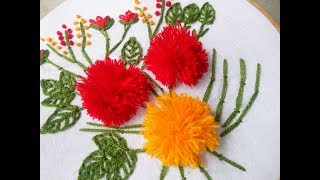 Hand Embroidery Pom Pom flowers stitch Design video tutorial.