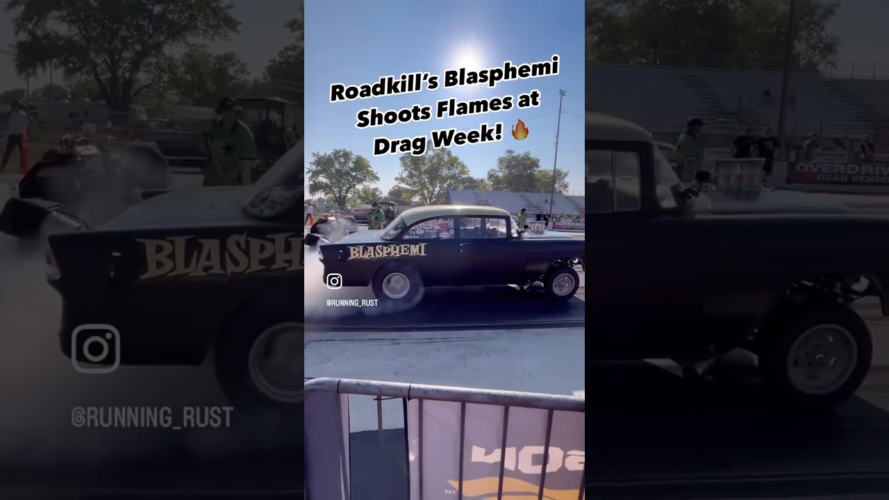 Roadkill’s Blasphemi shoots flames at hot rod drag week! 🔥 
