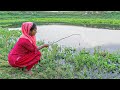 Young Girl Fishing   Traditional Hook Fishing In Beautiful Nature