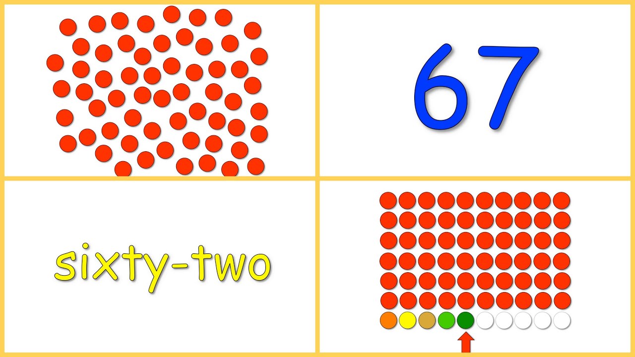 Baby Math: Numbers 60-70 (dots, numerals, words, rows) - YouTube