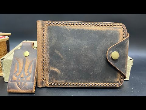 Шкіряний Гаманець Затиск Для Грошей з Монетницею Набір + Брелок Коричневий Колір, видео 1