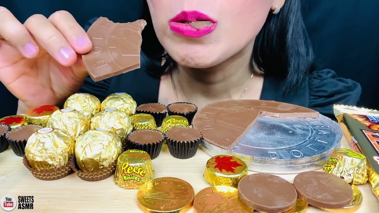 ASMR ASSORTED CHOCOLATES COINS, MINI REESES, FERRERO 누텔라 크레이프 롤 | LaniEats ASMR