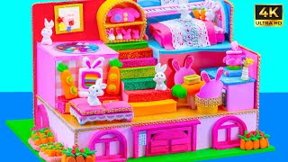 How To Build 3-Storey Pink Bunny House With Cute Bed, DIY Bunny From Clay - DIY Miniature House