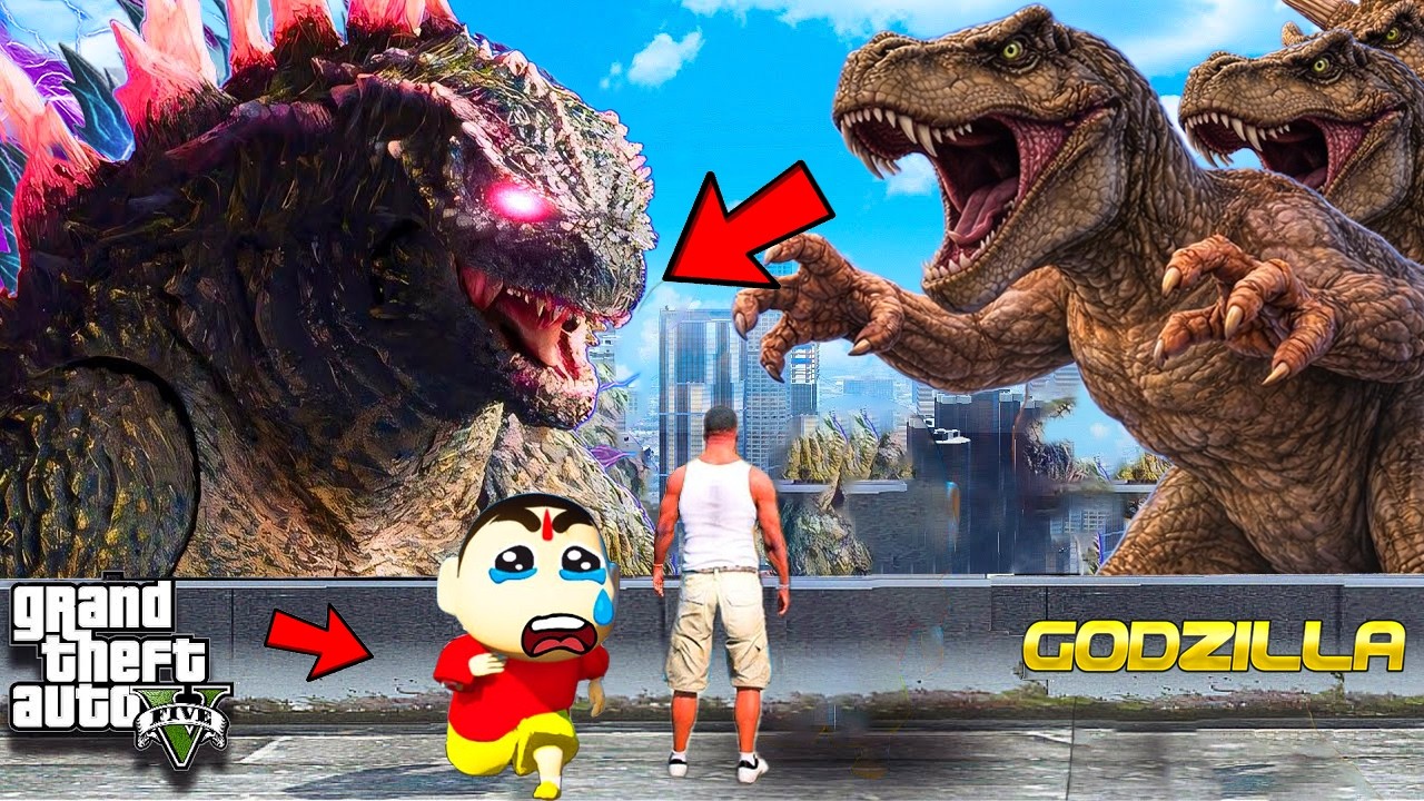 GTA V : Franklin & Shinchan Escaping From Godzilla VS T REX Dinosaur Attack Epic Fight in GTA 5