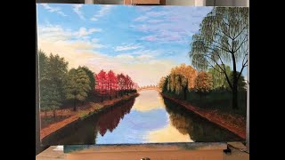 How to Step by Step Acrylic Painting Landscape/Cloud Tree and Water reflection