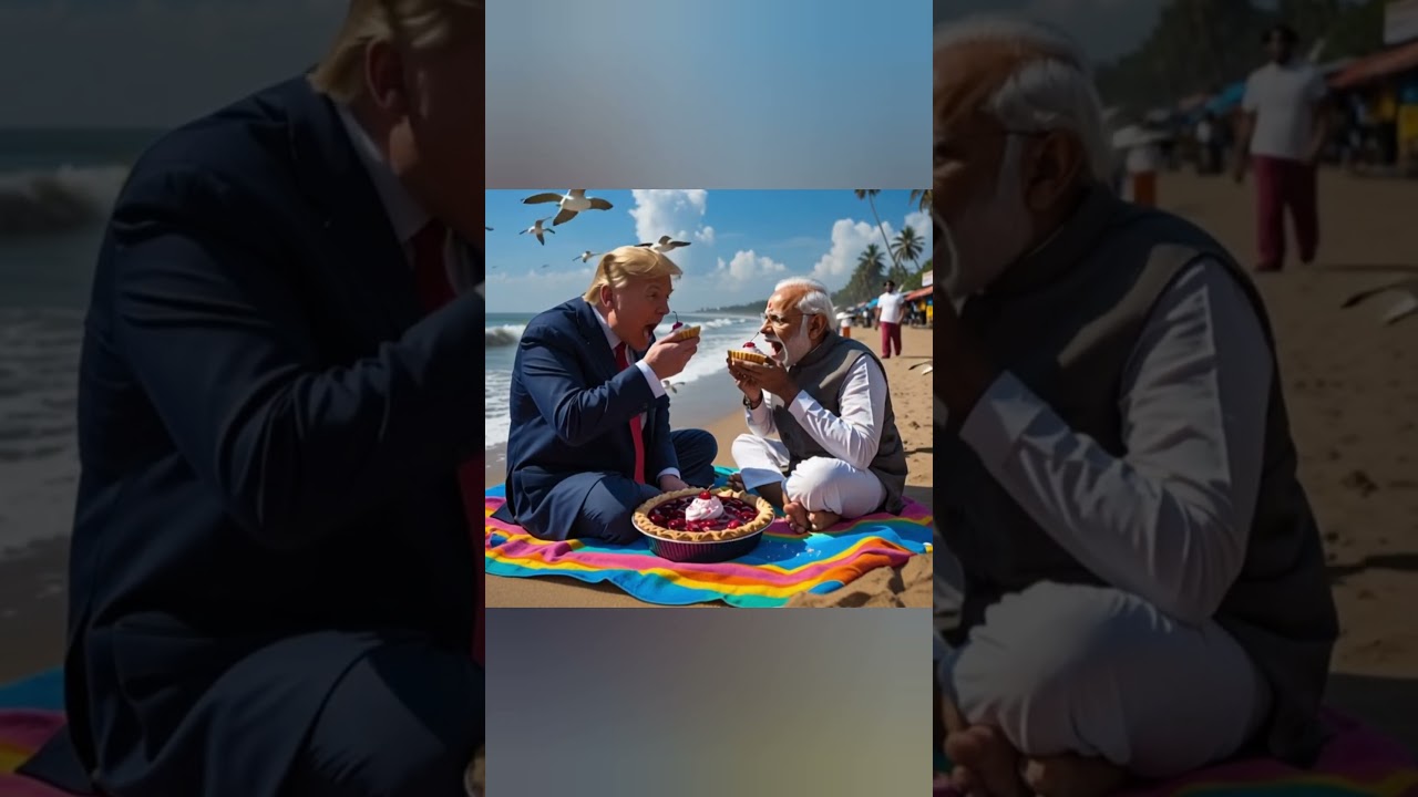 Trump and modi eating cherry pie at Chennai  Beach