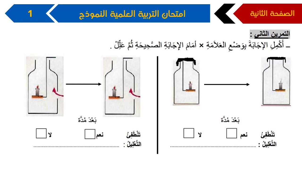 نموذج امتحان في مادة التربية العلمية / السنة الخامسة / الفصل الأول 2018-2019