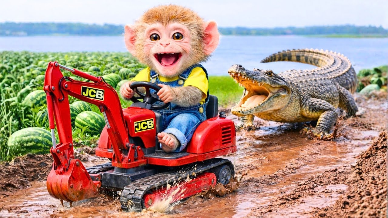 Monkey Farmer Drives A JCB Tractor 🍉🚜 Watermelon Harvest Farm Rescue | Monkey Farm Work