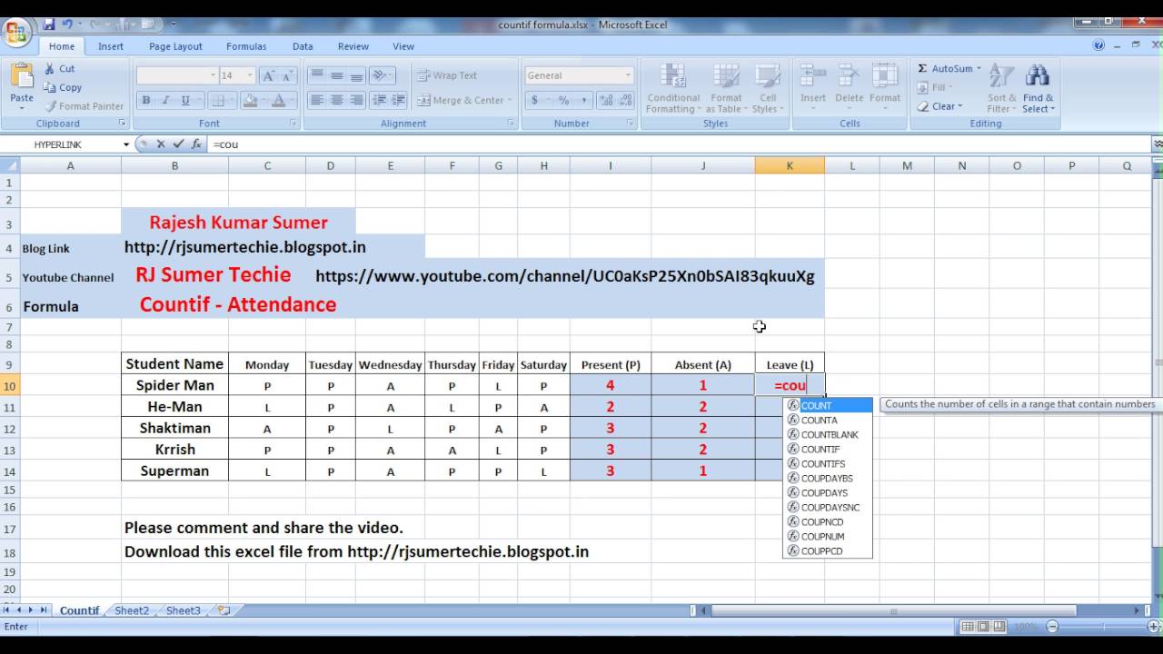 Attendance Sheet Count Formula