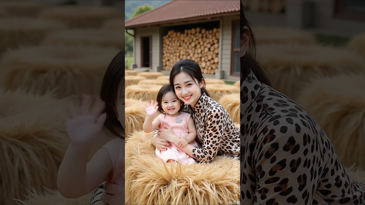 Beautiful Mom and Cute Daughter Play with Dry Straw at Harvest Time