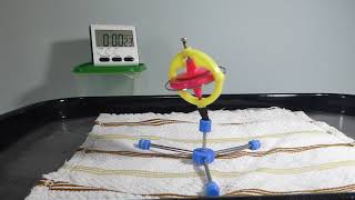 Small Toy Gyroscope with Plastic Stem on Rotating Base Rises in 0:36 Unevenly and Drops in 0:55