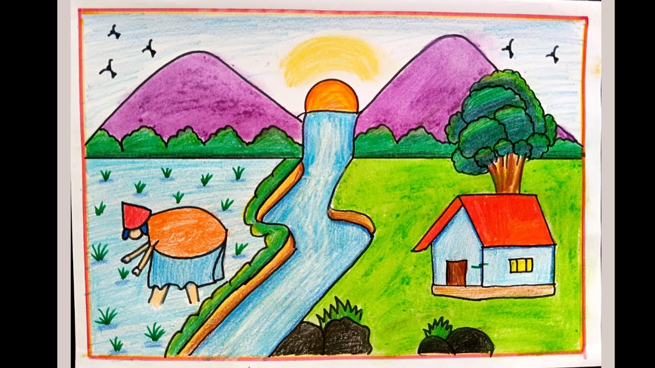 Paddy field drawing easy | Farmer drawing | Easy Village scenery ...