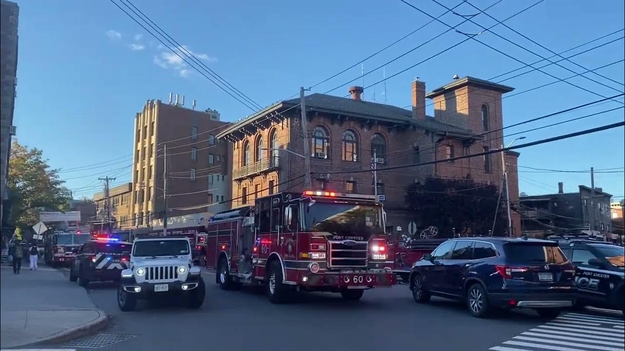 Port Chester Fire E60 responding to 17 Brush Avenue for a inside Odor