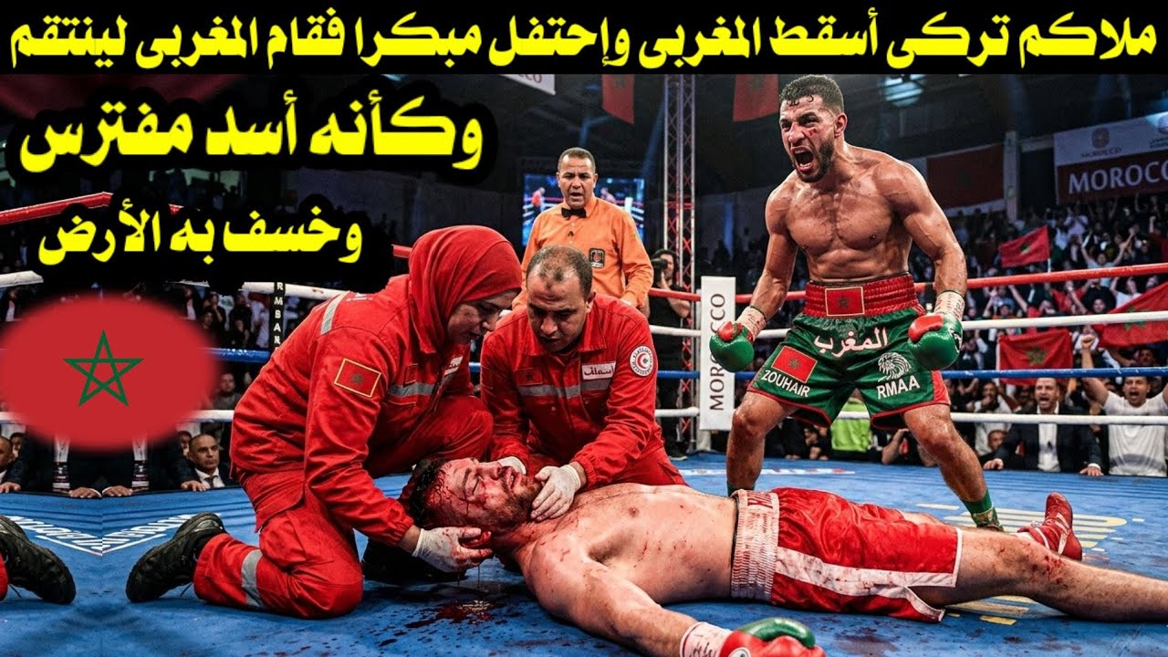 ملاكم تركى أسقط المغربى وإحتفل مبكرا فقام المغربى لينتقم فورا وكأنه أسد مفترس وخسف به الأرض