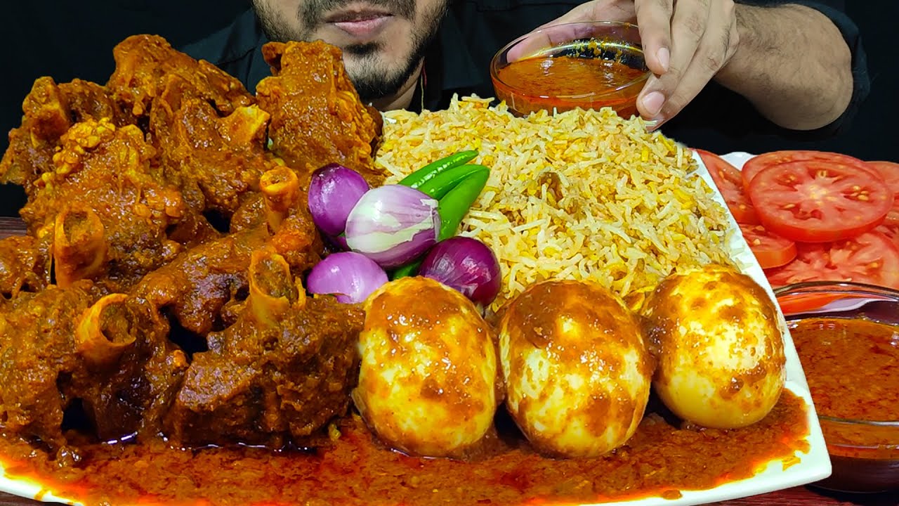 EATING SPICY MUTTON KOSHA, EGG CURRY, CHILI, ONION AND BIRYANI RICE | MUKBANG EATING SHOW | SOUNDS